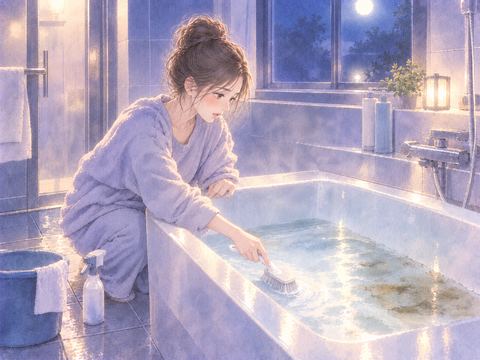 浴槽をブラシで丁寧に掃除する女性