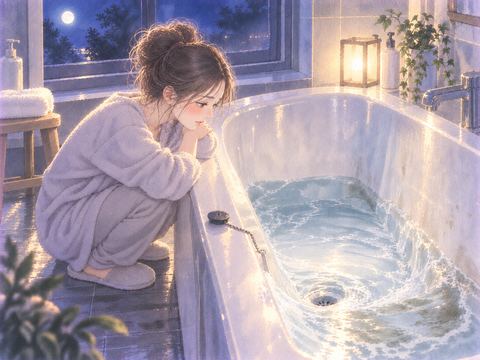 浴槽の栓を抜き流れていく水を見つめる女性