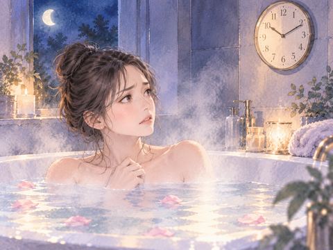 湯船の中で時計を気にして落ち着かない表情をする女性