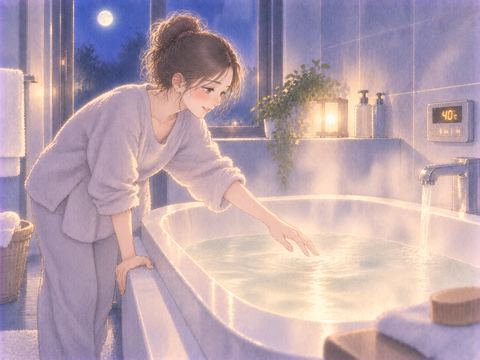湯気の立ち始めた浴槽の温度を確かめる女性
