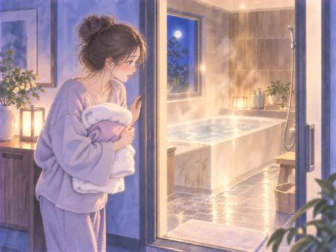 見慣れない浴室の入口で少し遠慮がちに立つ女性