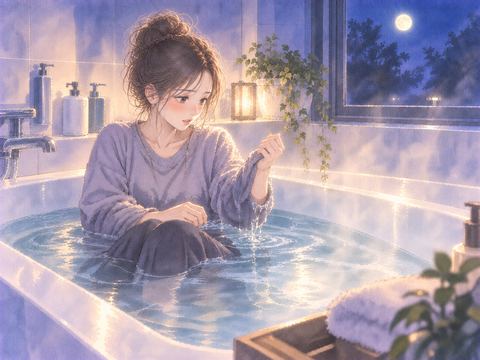 服を着たまま湯船に座り戸惑う女性