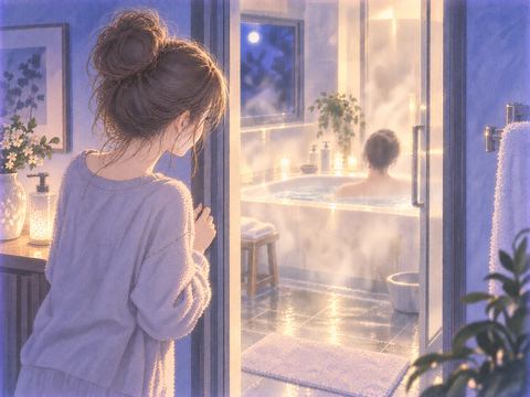 浴室の外から湯船にいる人を遠くに見つめる女性