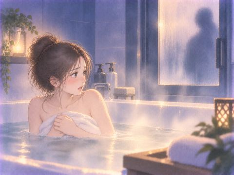 浴室の曇りガラスの向こうの影に気づき身を守る女性