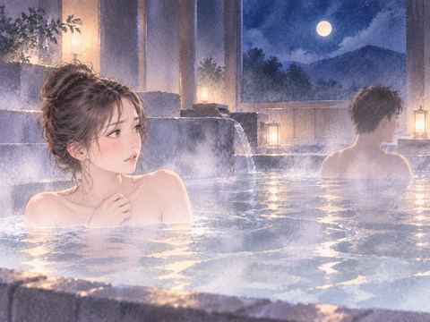 広い浴場で少し距離を空けて座る女性と顔のはっきりしない人物