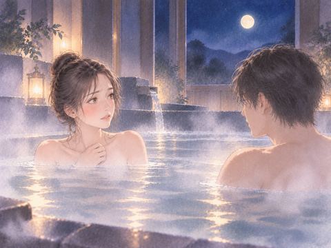 湯気の立つ浴場で少し距離を取りながら向き合う大人の男女