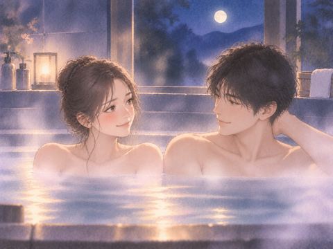 夜の浴場で並んで穏やかに過ごす恋人同士