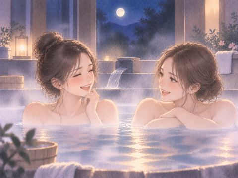 湯気の立つ浴場で楽しそうに話す二人の大人の女性