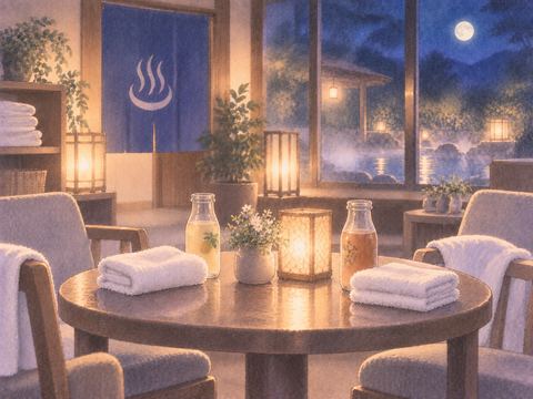 浴場の休憩所に並ぶ湯上がり用の飲み物とタオル