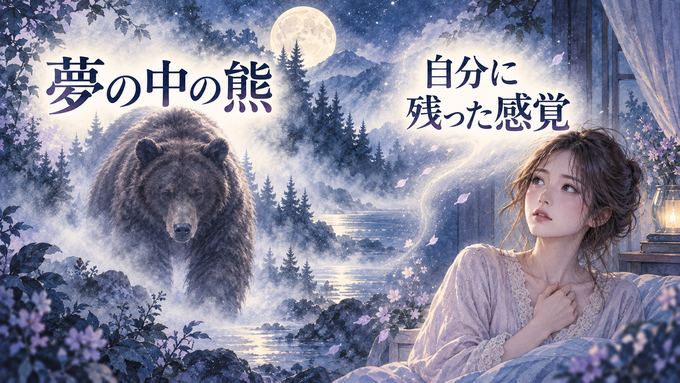 大きな熊に迫られる夢と自分の気持ちを振り返る女性の図
