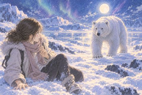 月明かりの雪原で白熊に近づかれ戸惑う人物の夢