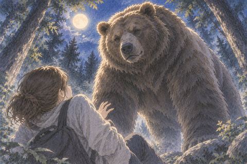 夜の森で巨大なヒグマを見上げる人物の夢