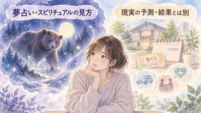 熊の夢の象徴と現実の出来事を分けて見つめる女性の図