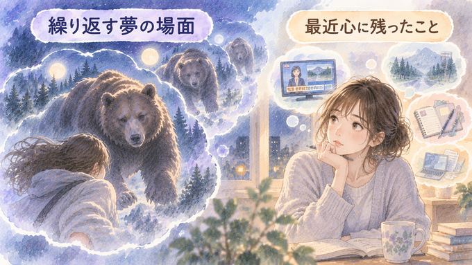 繰り返す熊の夢と最近の出来事を振り返る女性の図