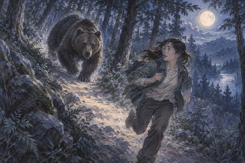 夜の森で大きな熊から走って逃げる人物の夢