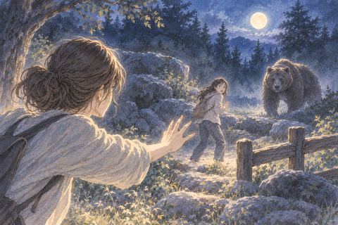 熊の近くにいる友達を心配して見つめる人物の夢