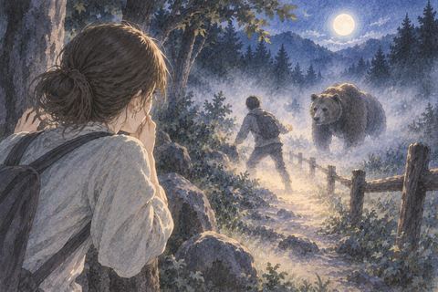 知らない人物と熊を離れた場所から見つめる人の夢