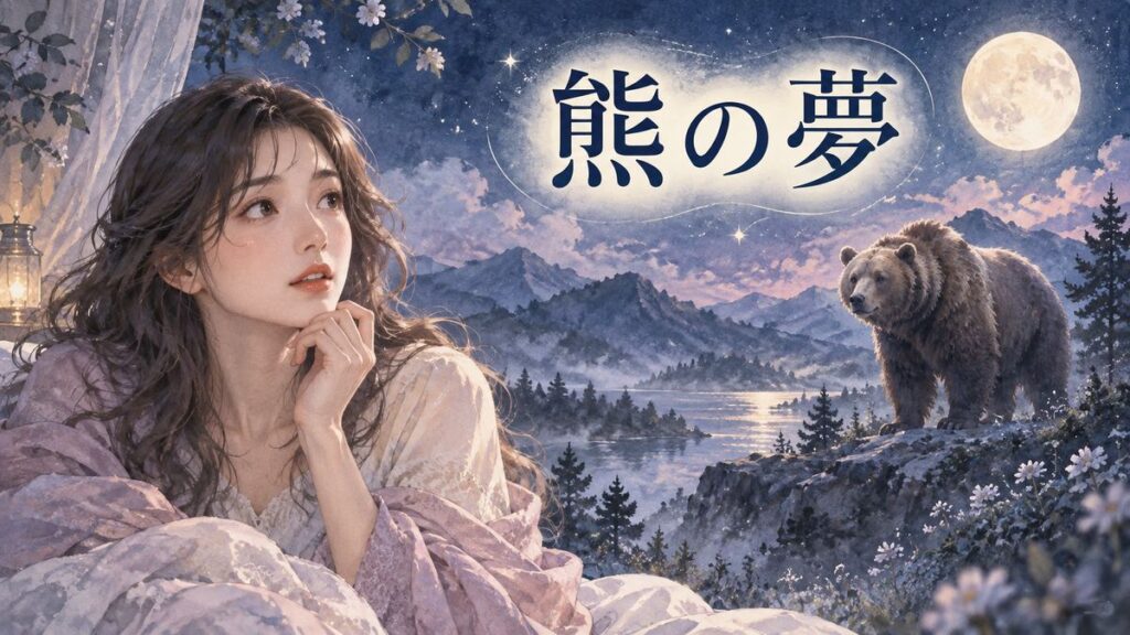 月明かりの夜に大きな熊の夢を見つめる大人の女性