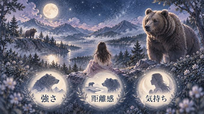 遠くの熊と近くの熊を見比べながら夢の印象を整理する図