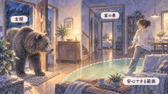 夜の家の玄関から大きな熊が入り室内で身構える人物