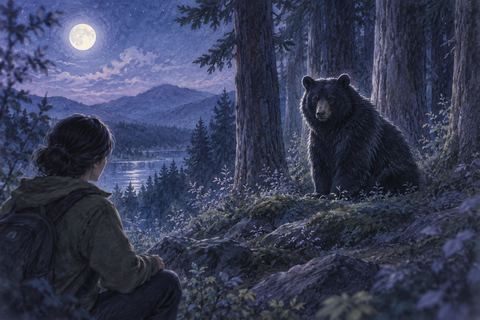 夜の森に静かに座る黒い熊を見る人物