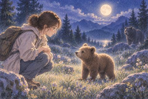 月明かりの草地で小さな子熊を見守る人物
