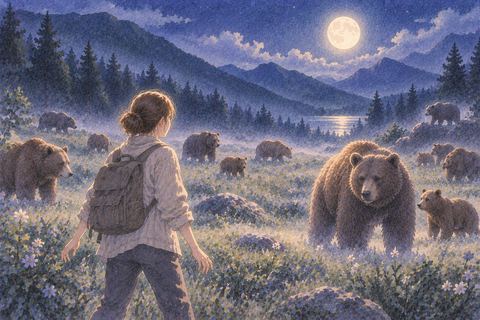 夜の草原で複数の熊を前に立つ人物