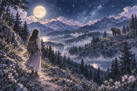 夜の山道で遠くの熊を見つけて立ち止まる人物