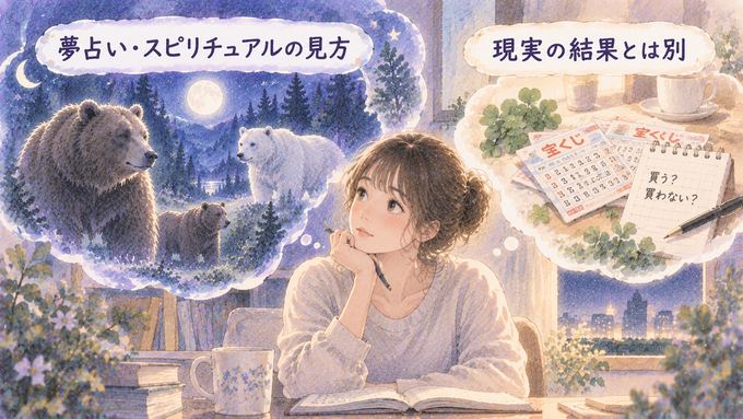 熊の夢の象徴と宝くじの現実の結果を別々に見つめる女性の図
