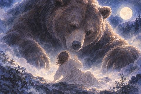 巨大な熊の影に包まれ圧倒される人物の夢