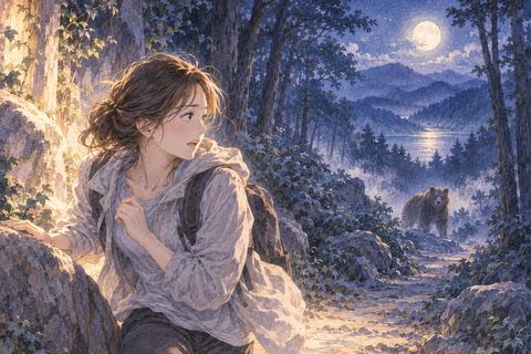熊から離れて明るい場所へ逃げ切りほっとする人物