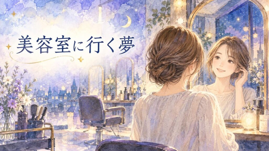 夜の美容室で鏡を見る大人の女性と新しい髪型