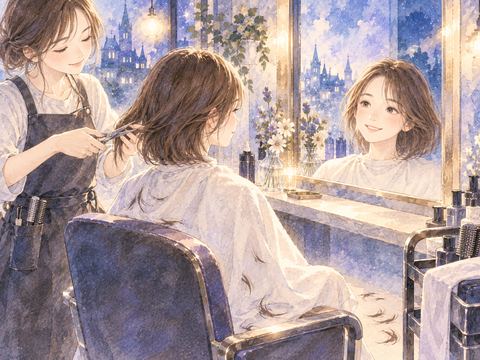 美容室で女性の髪をカットしている場面