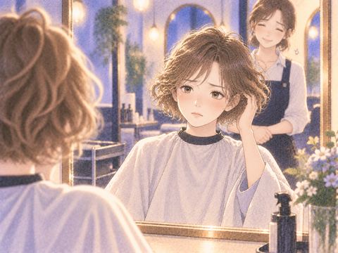 望まない髪型を鏡で見て戸惑う女性