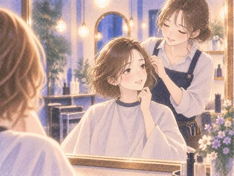 美容師と鏡越しに話す女性