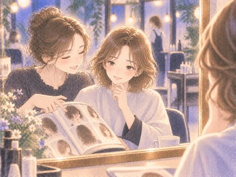 友達と美容室で髪型を選ぶ女性