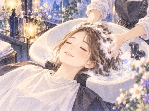 美容室で女性がシャンプーされている場面