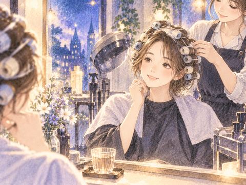 美容室で女性がパーマをかけてもらう場面