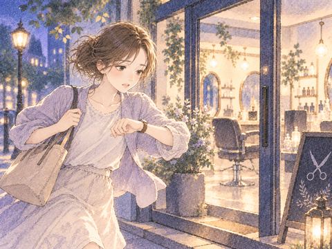 時計を気にしながら美容室へ急ぐ女性