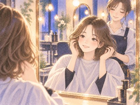美容室の鏡で新しい髪型を喜ぶ女性