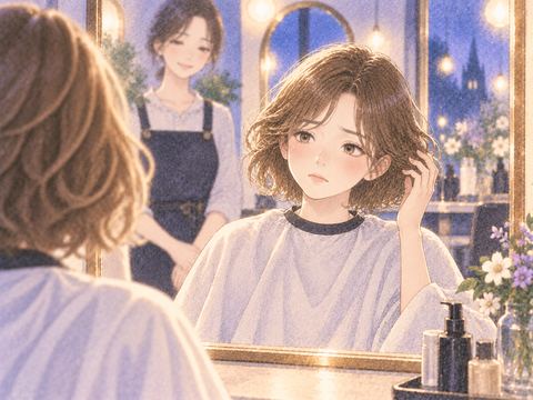 美容室の鏡を見て髪型に戸惑う女性