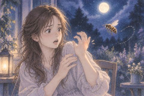 蜂に刺された手を驚いて見つめる人物の夢