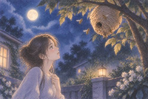 月明かりの木にある蜂の巣を見上げる人物の夢