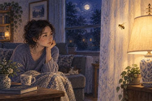 夜の部屋に入り込んだ蜂を見つめる人物の夢