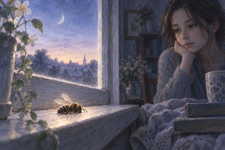 窓辺に落ちた動かない蜂を静かに見つめる人物の夢