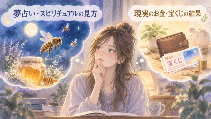 蜂の夢の象徴と現実のお金の結果を別々に見つめる女性の図