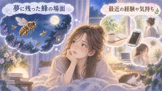 リアルな蜂の夢と最近の出来事や感情を振り返る女性の図