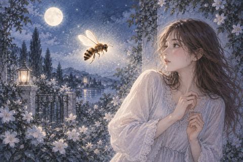 夜の空間で近くを飛ぶスズメバチに身構える人物