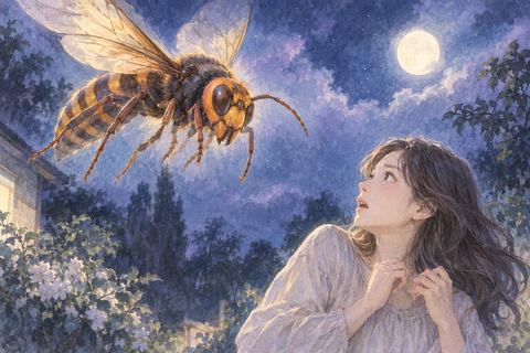 遠くに大きく見えるオオスズメバチを見上げる人物の夢