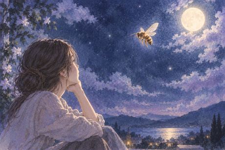 広い夜空で一匹だけの蜂を見つめる人物の夢